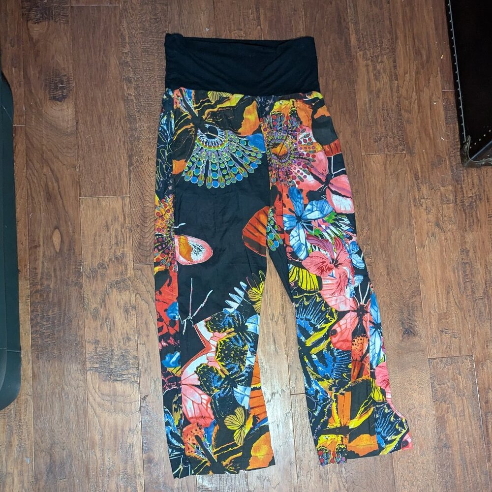 Desigual Butterfly Floral Foldover Waist Cropped Pants EU 34 Black Multicolor - Picture 8 of 13